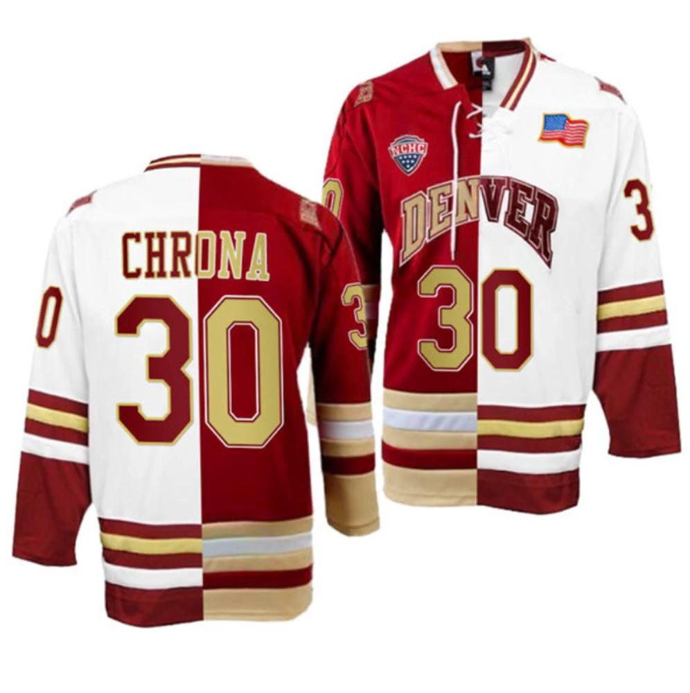 Men's Denver Pioneers M. Chrona Jersey #30 College Hockey Crimson White Split by Hockey David