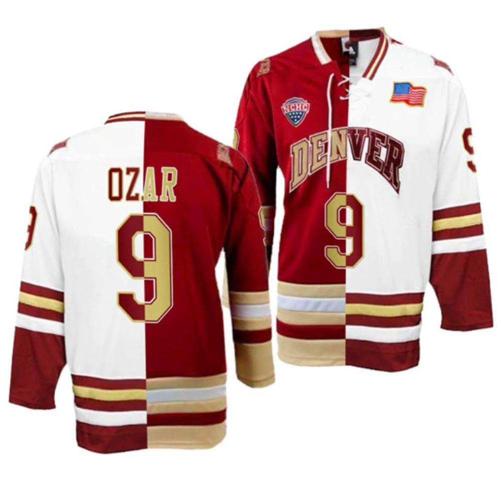 Men's Denver Pioneers Owen Ozar Jersey #9 College Hockey Crimson White Split (Copy) by Hockey David