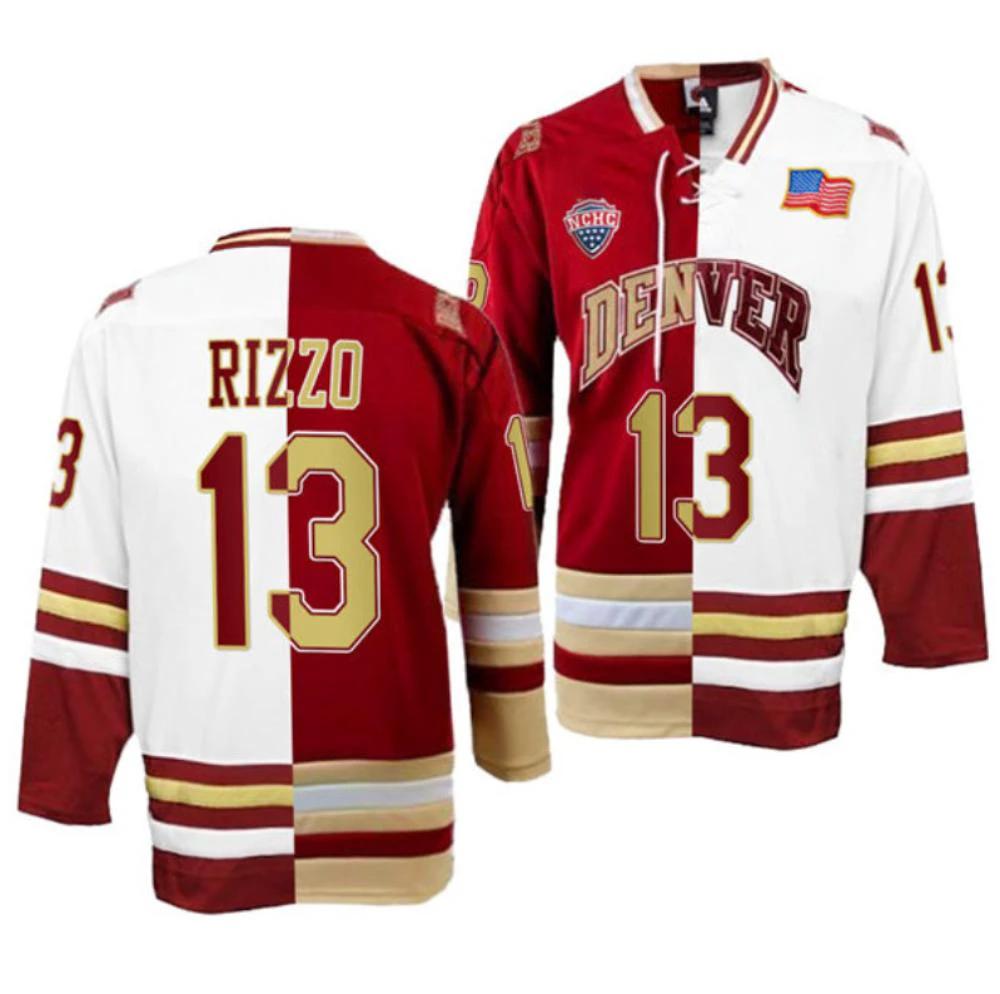 Men's Denver Pioneers #13 Massimo Rizzo College Hockey All Stitched Split Jersey by Hockey David