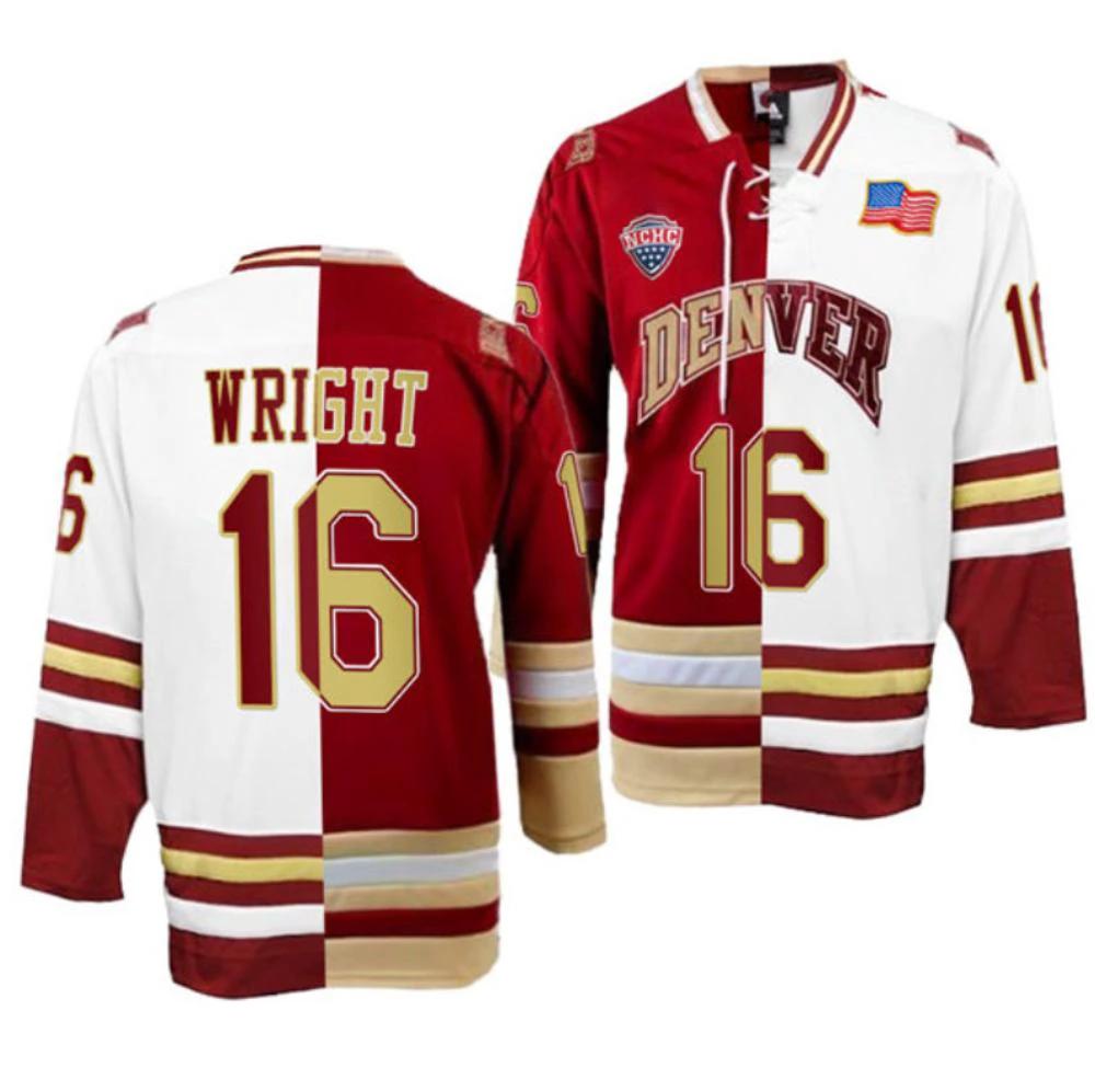 Men's Denver Pioneers #16 Cameron Wright College Hockey Stitched Split Jersey by Hockey David