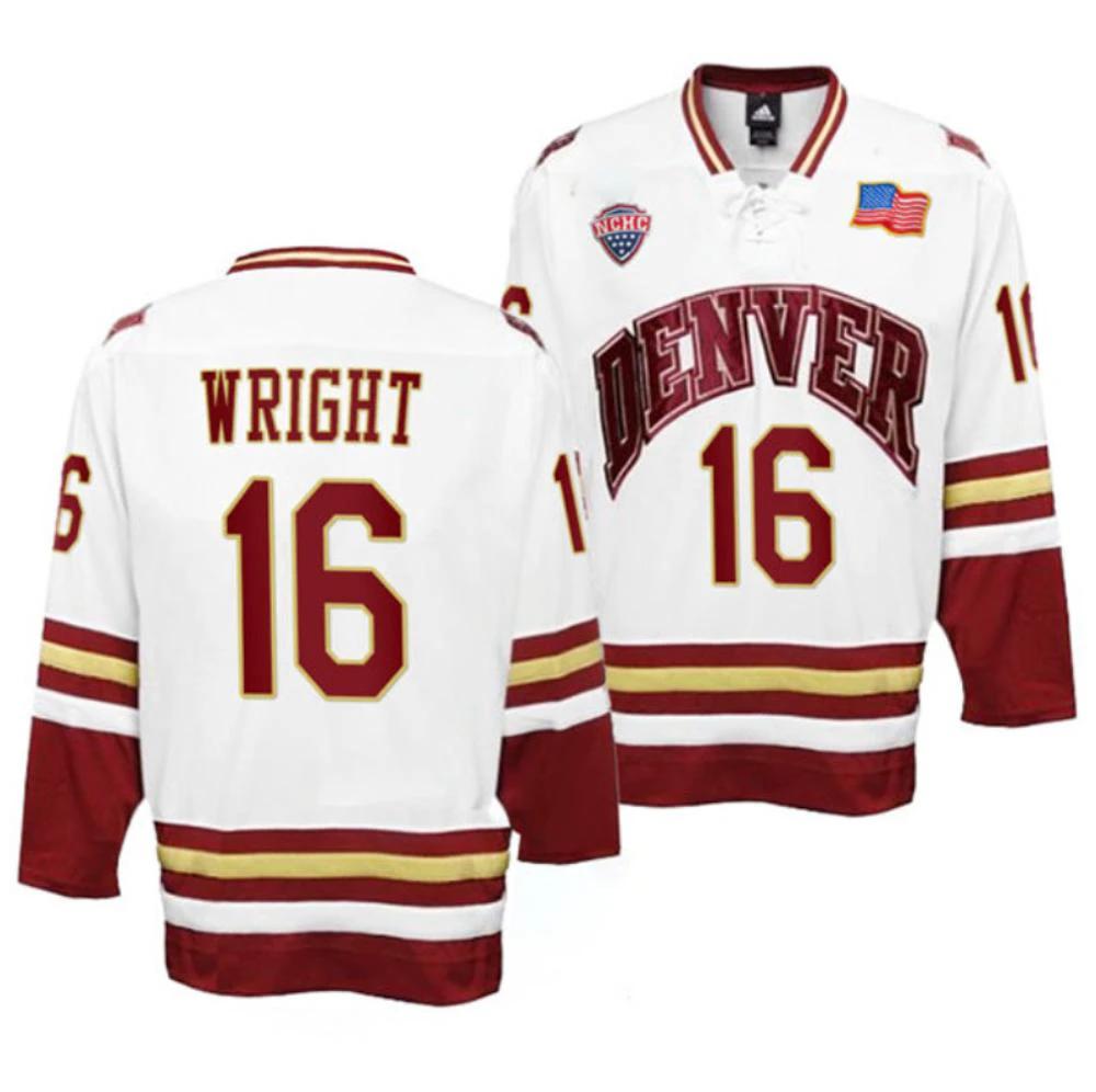 Men's Denver Pioneers #16 Cameron Wright College Hockey Stitched White Jersey by Hockey David