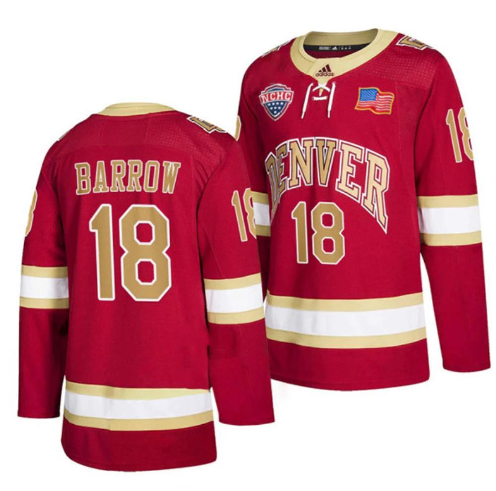 Men's Denver Pioneers #18 Ryan Barrow College Hockey Stitched Crimson Jersey by Hockey David