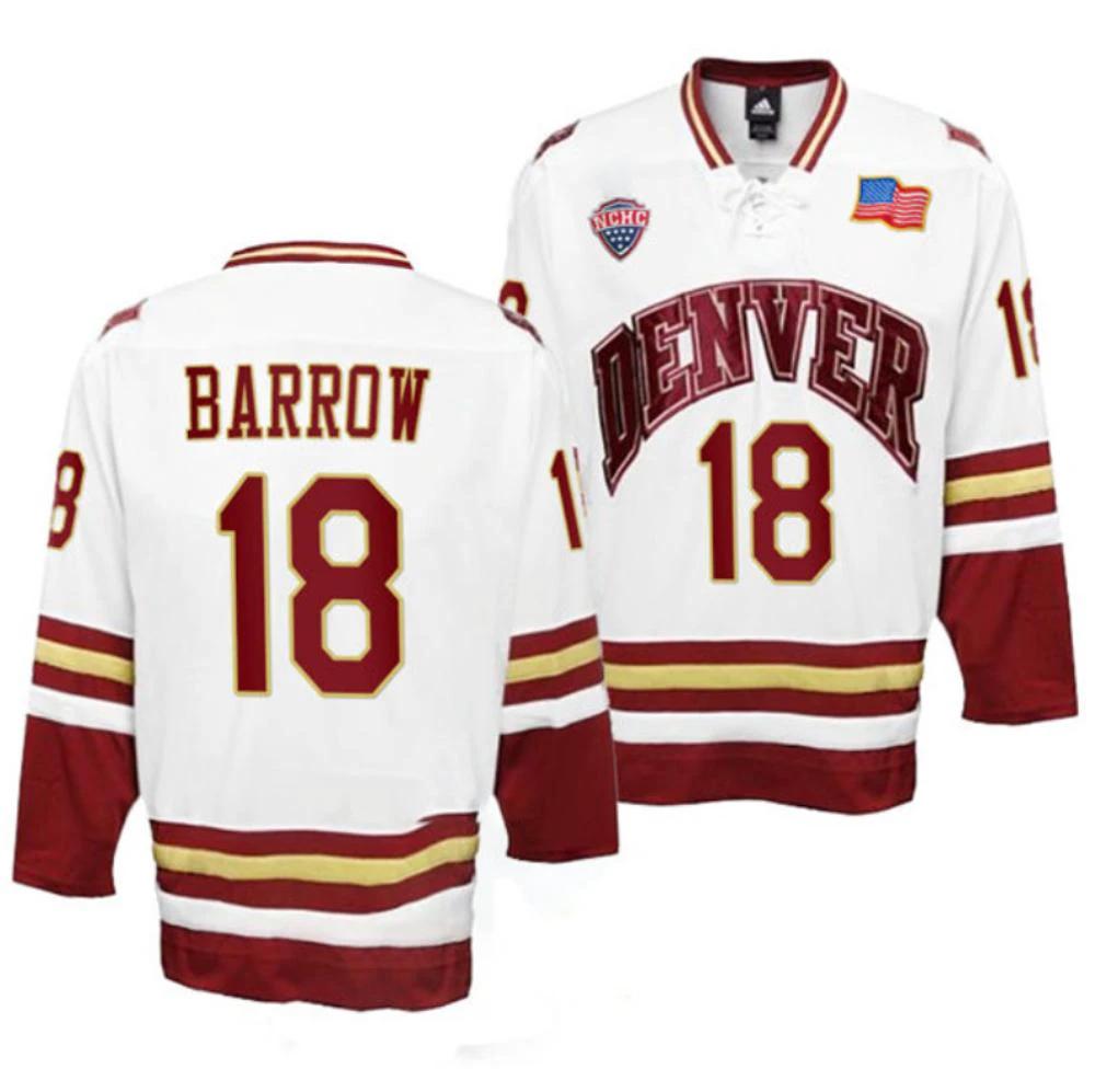 Men's Denver Pioneers #18 Ryan Barrow College Hockey Stitched White Jersey by Hockey David