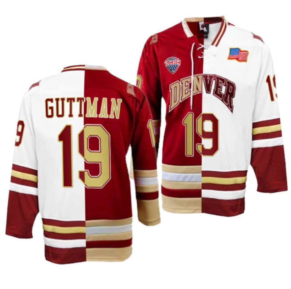 Men's Denver Pioneers #19 Cole Guttman College Hockey All Stitched Split Jersey by Hockey David