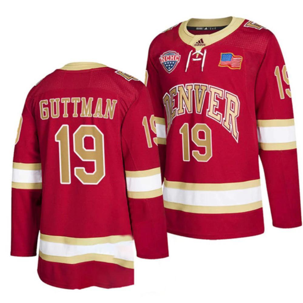 Men's Denver Pioneers #19 Cole Guttman College Hockey Stitched Crimson Jersey by Hockey David