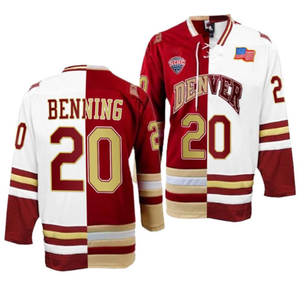 Men's Denver Pioneers #20 Mike Benning College Hockey Stitched Split Jersey by Hockey David