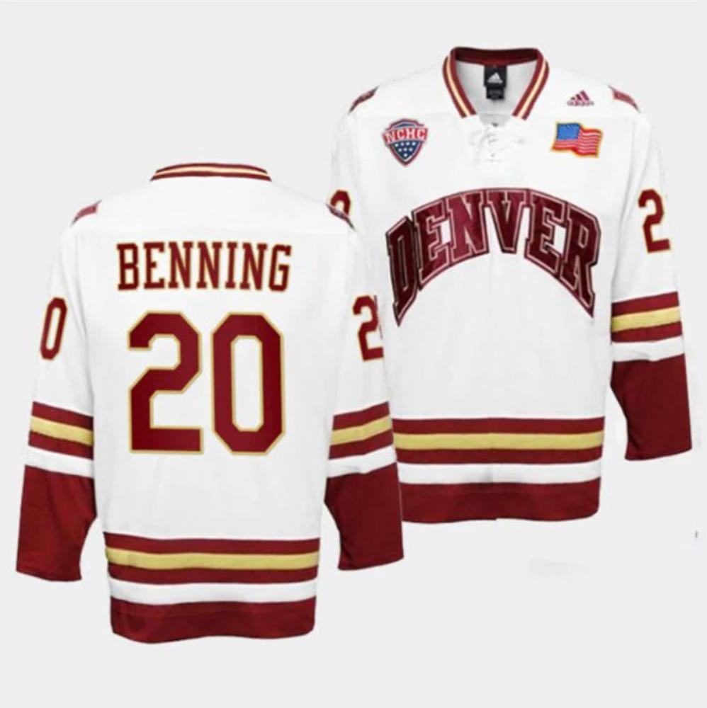 Men's Denver Pioneers #20 Mike Benning College Hockey Stitched White Jersey by Hockey David