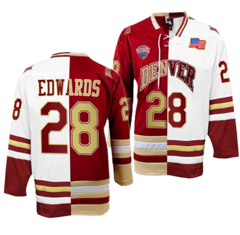 Men's Denver Pioneers #28 Brett Edwards College Hockey All Stitched Split Jersey by Hockey David