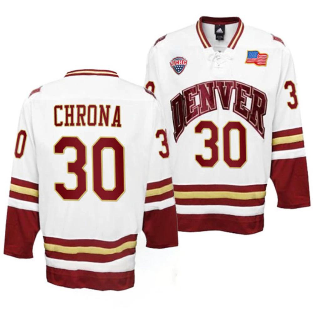 Men's Denver Pioneers #30 Magnus Chrona College Hockey Stitched White Jersey by Hockey David
