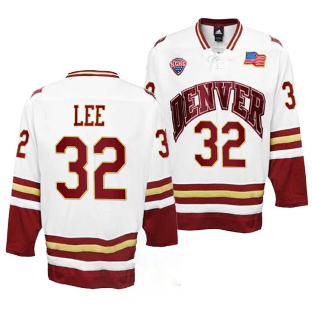 Men's Denver Pioneers #32 Justin Lee College Hockey Stitched White Jersey by Hockey David