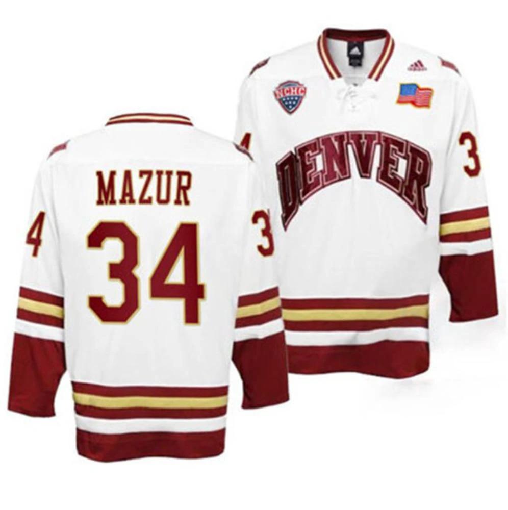 Men's Denver Pioneers #34 Carter Mazur College Hockey All Stitched White Jersey by Hockey David
