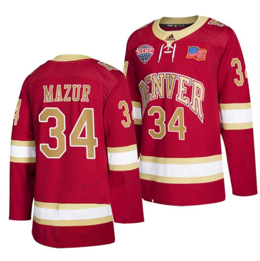 Men's Denver Pioneers #34 Carter Mazur College Hockey Stitched Crimson Jersey by Hockey David