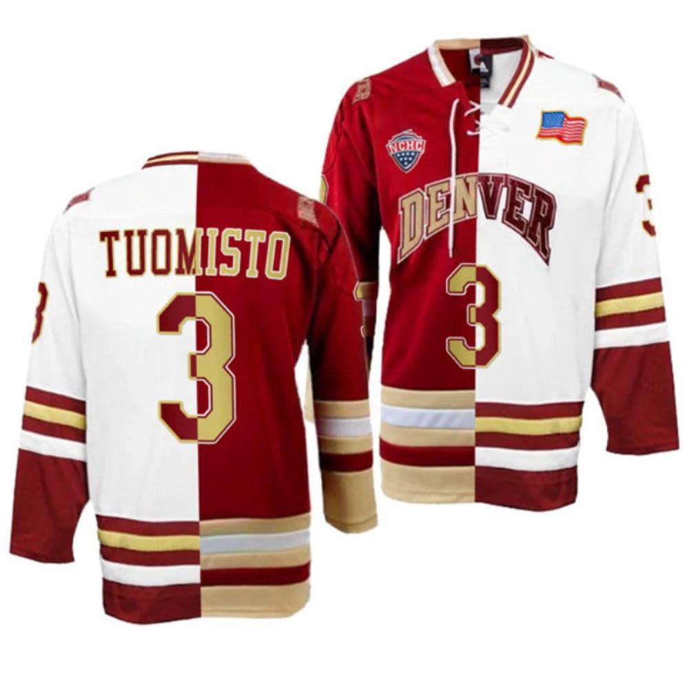 Men's Denver Pioneers #3 Antti Tuomisto College Hockey All Stitched Split Jersey by Hockey David