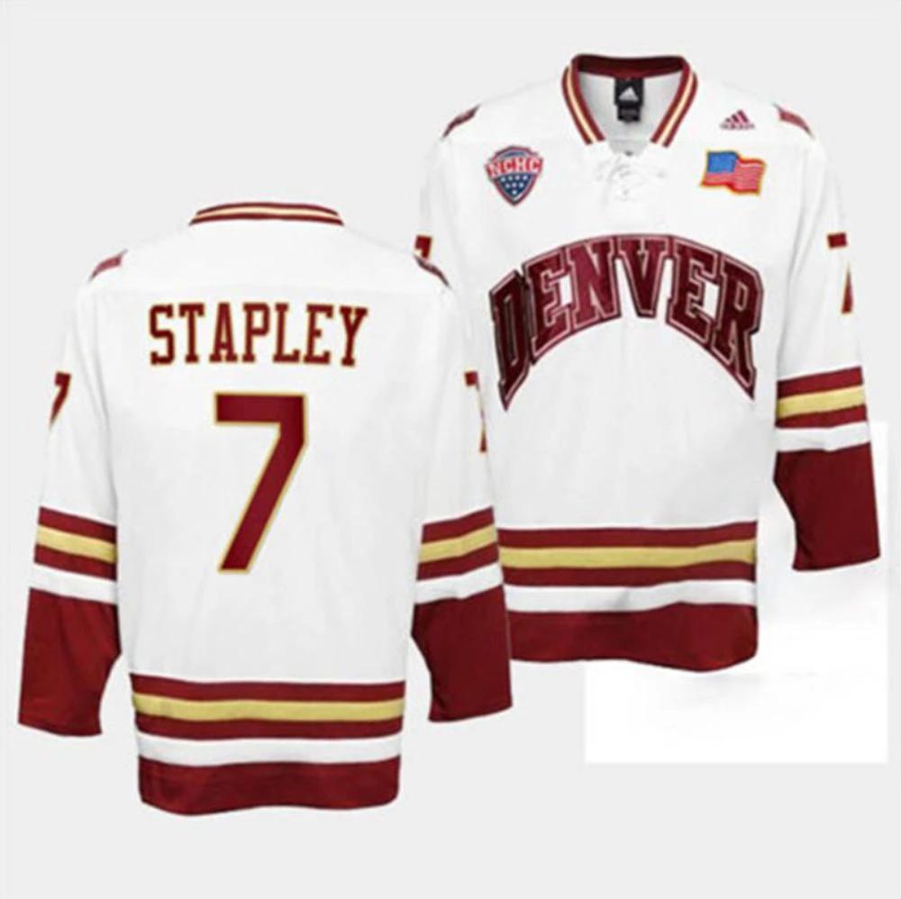 Men's Denver Pioneers #7 B. Stapley Wright College Hockey Stitched White Jersey by Hockey David