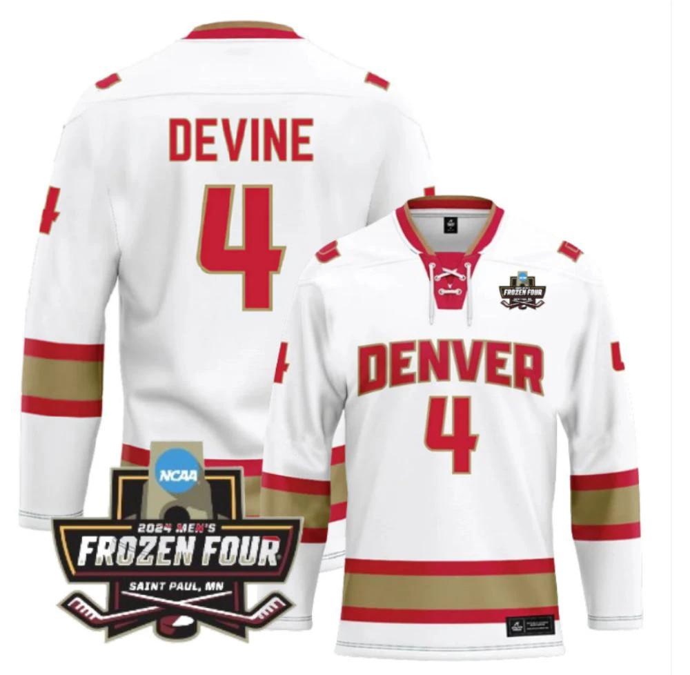 Men's Denver University (D) NCAA Ice Hockey Jack Devine Jersey #4 White by Hockey David