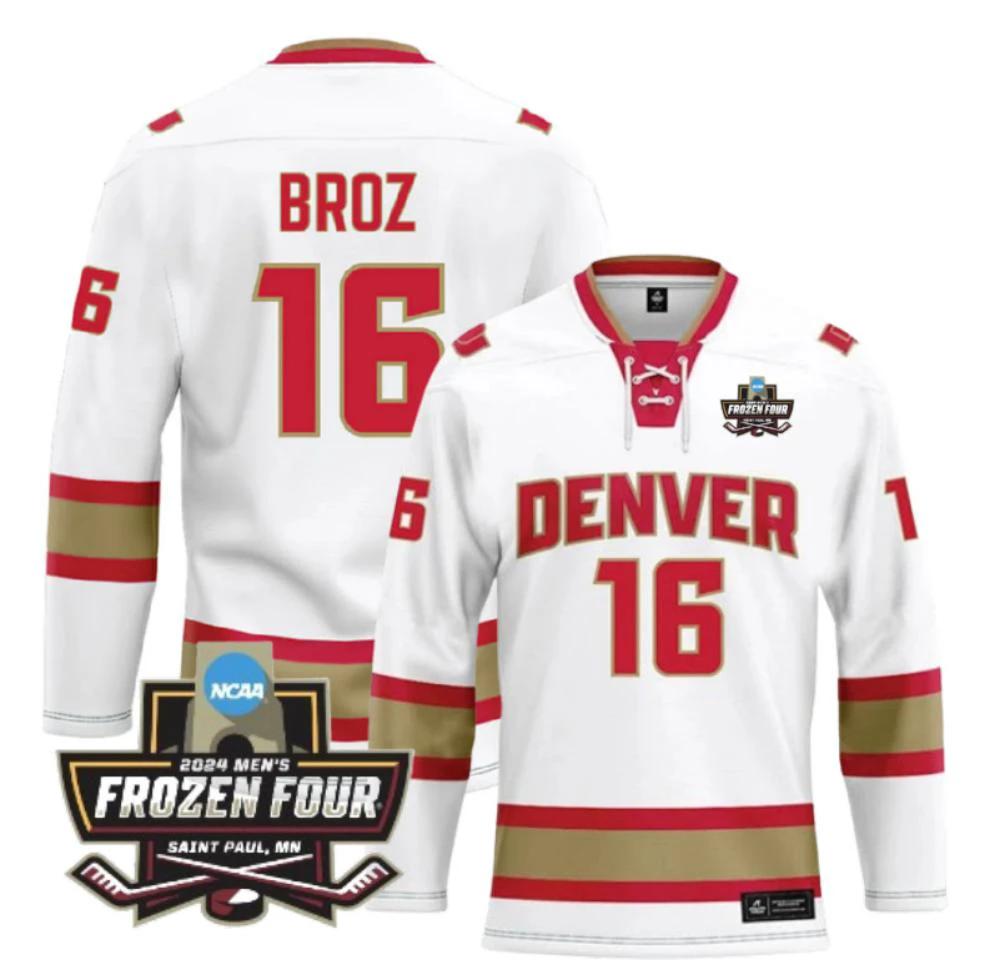 Men's Denver University (D) NCAA Ice Hockey Tristan Broz Jersey #16 White by Hockey David