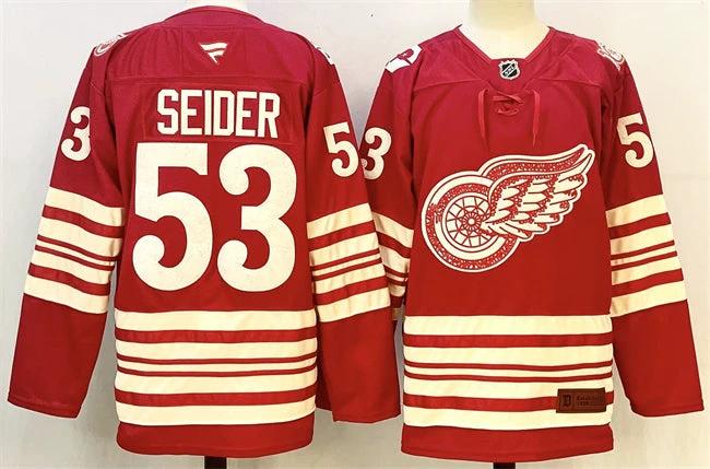 Men's Detroit Red Wings #53 Moritz Seider Jersey Red 2025-26 Centennial Premium Stitched by Hockey David