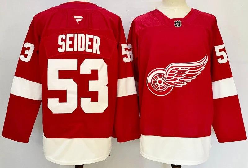 Men's Detroit Red Wings #53 Moritz Seider Jersey Stitched Red by Hockey David