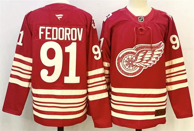 Men's Detroit Red Wings #91 Sergei Fedorov Jersey Red 2025-26 Centennial Premium Stitched by Hockey David