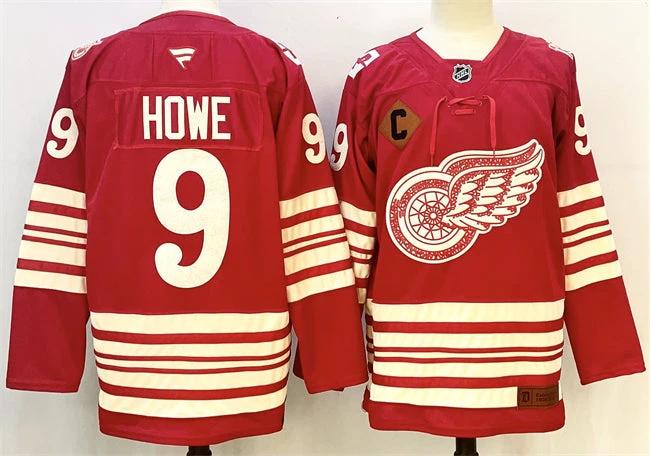 Men's Detroit Red Wings #9 Gordie Howe Jersey Red 2025-26 With C Patch Centennial Premium Stitched by Hockey David