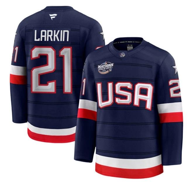 Men's Dylan Larkin Jersey #21 USA Navy 2025 4 Nations Face-Off All Stitched by Hockey David