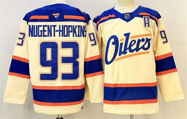 Men's Edmonton Oilers #93 Ryan Nugent-Hopkins Light Beige 2025 Alternate With A Patch Stitched Hockey Jersey by Hockey David
