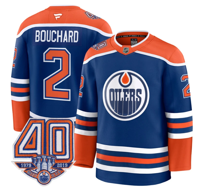 Men's Evan Bouchard Jersey #2 Edmonton Oilers 40th Anniversary Stitched Home by Hockey David
