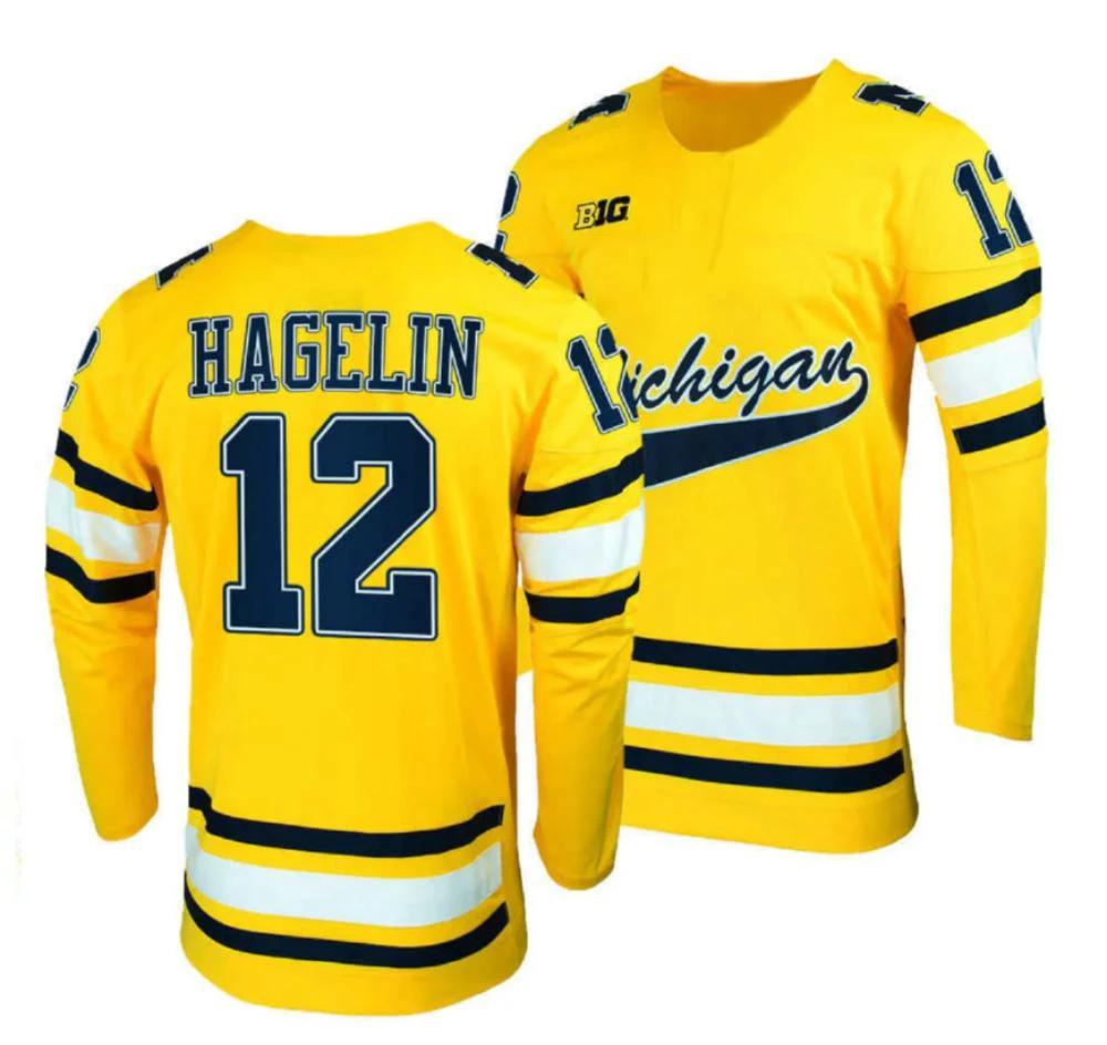 Men's Hagelin #12 Michigan Wolverines College Hockey All Stitched Gold Jersey by Hockey David