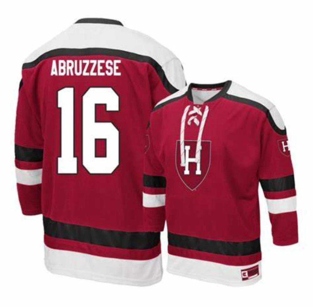 Men's Harvard Crimson #16 Nicholas Abruzzese Red College Hockey Jersey by Hockey David