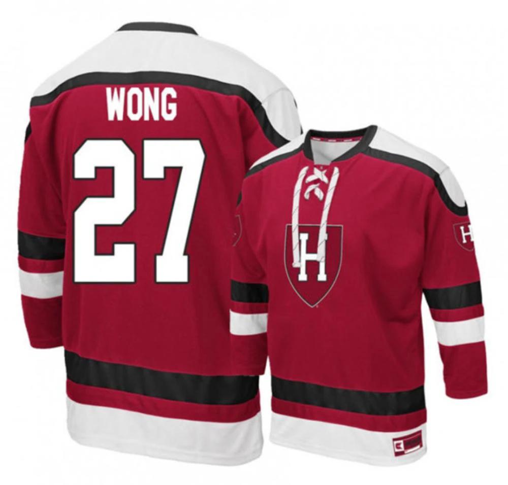 Men's Harvard Crimson #27 Austin Wong Stitched College Hockey Jersey by Hockey David