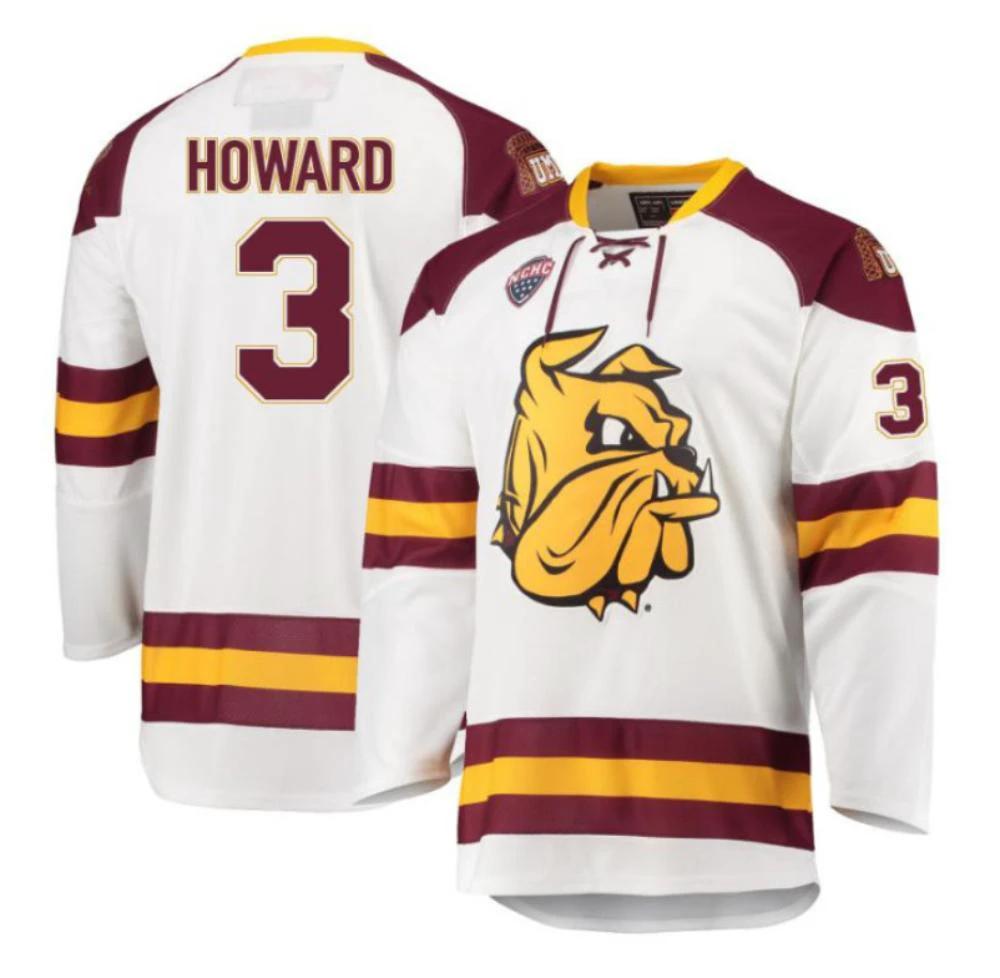 Men's Isaac Howard #3 Minnesota Duluth Bulldogs Hockey All Stitched White Jersey by Hockey David
