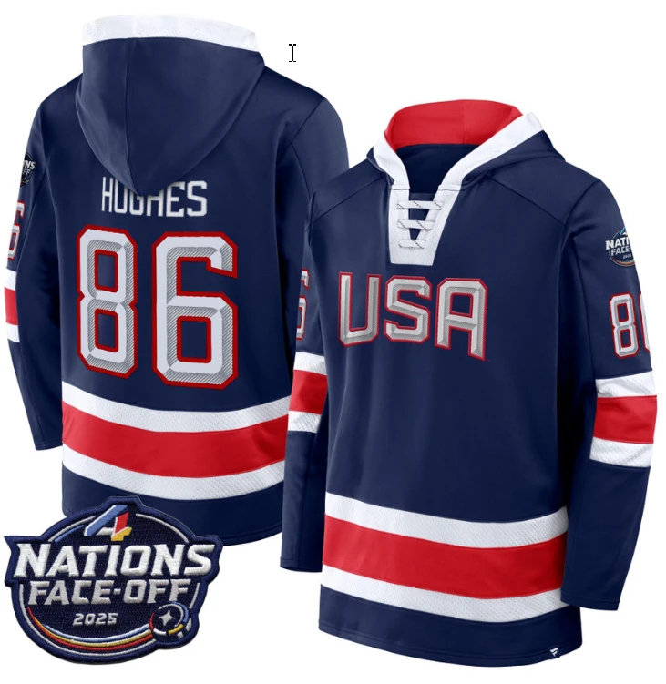 Men's Jack Hughes Hoodie #86 USA 4 Nations Face-Off 2025 Pullover Stitched by Hoodie Pullover