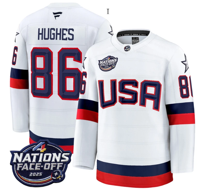 Men's Jack Hughes Jersey #86 USA White 2025 4 Nations Face-Off Stitched by Hockey David