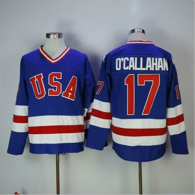 Men's Jack OCallahan Jersey #17 1980 Miracle On Ice Blue All Stitched by Hockey David