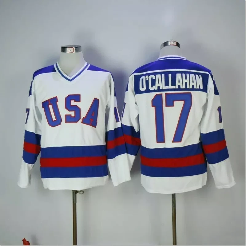 Men's Jack OCallahan Jersey #17 1980 Miracle On Ice White All Stitched by Hockey David