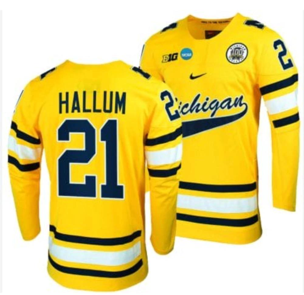Men's Jackson Hallum #21 Michigan Wolverines College Hockey Stitched Gold Jersey by Hockey David