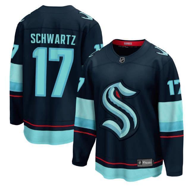 Men’s Jaden Schwartz Jersey #17 Seattle Kraken Navy All Stitched by Hockey David