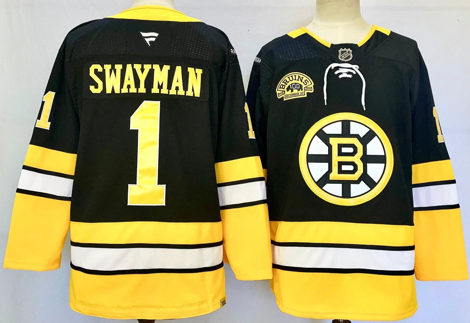 Men’s Jeremy Swayman Jersey #1 Boston Bruins 100th Anniversary Black Stitched by Hockey David