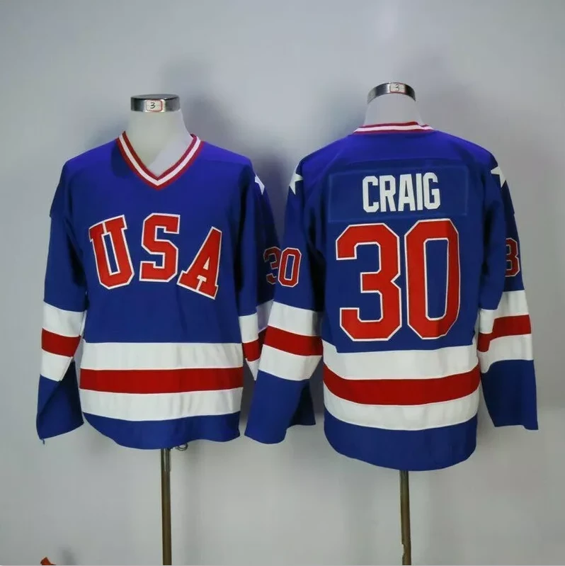 Men's Jim Craig Jersey #30 1980 Miracle On Ice Blue All Stitched by Hockey David