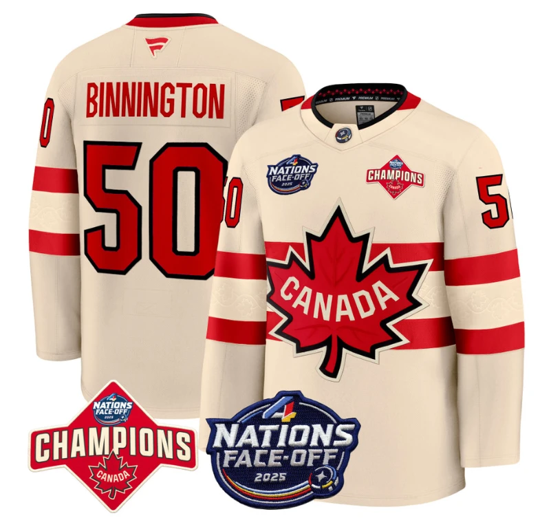 Men's Jordan Binnington Jersey #50 Canada 4 Nations Face-Off 2025 Champions Cream by Hockey David