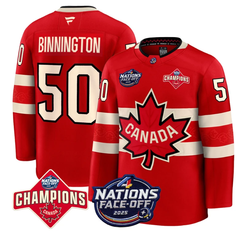 Men's Jordan Binnington Jersey #50 Canada 4 Nations Face-Off 2025 Champions Red by Hockey David