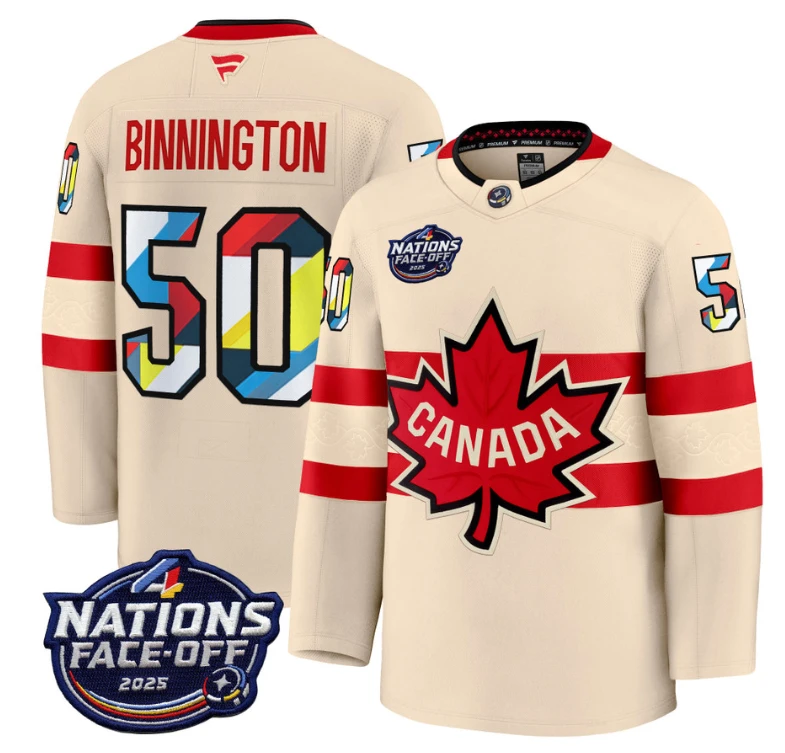 Men's Jordan Binnington Jersey #50 Canada 4 Nations Face-Off 2025 V2 Cream by Hockey David