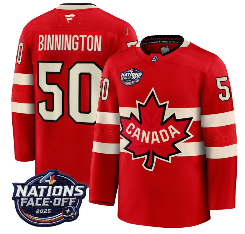 Men's Jordan Binnington Jersey #50 Red 2025 4 Nations Face-Off Stitched by Hockey David