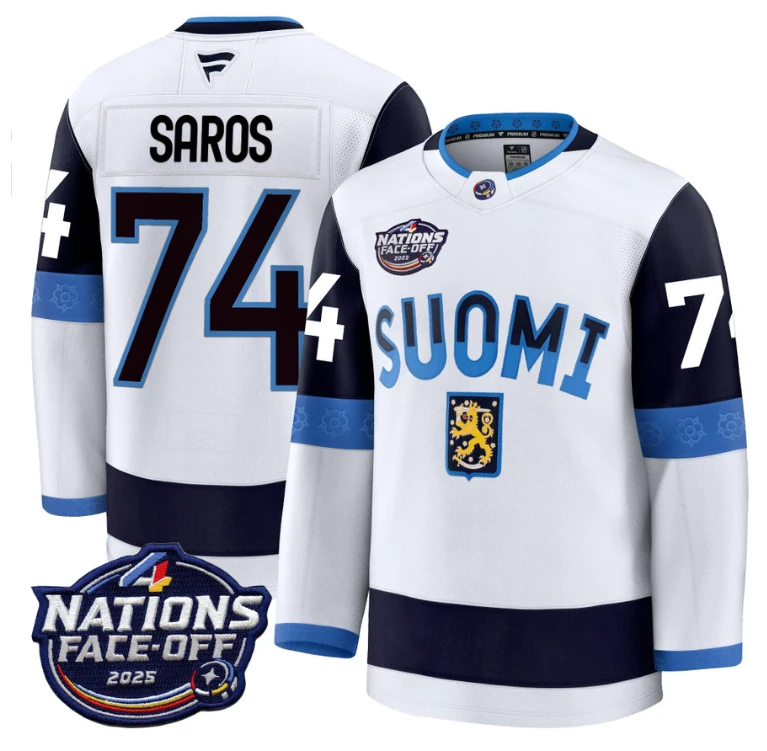 Men's Juuse Saros Jersey #74 Finland White 2025 4 Nations Face-Off Stitched by Hockey David