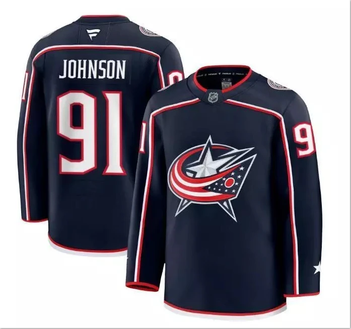 Men’s Kent Johnson Jersey #91 Columbus Blue Jackets Navy All Stitched by Hockey David