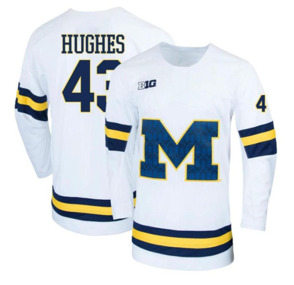 Men's Luke Hughes #43 White Michigan Wolverines Hockey All Stitched Jersey by Hockey David