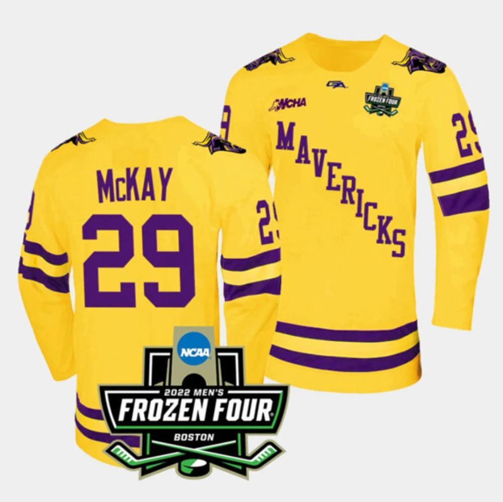 Men's Massachusetts Minutemen #29 Dryden McKay Hockey All Stitched Gold Jersey by Hockey David