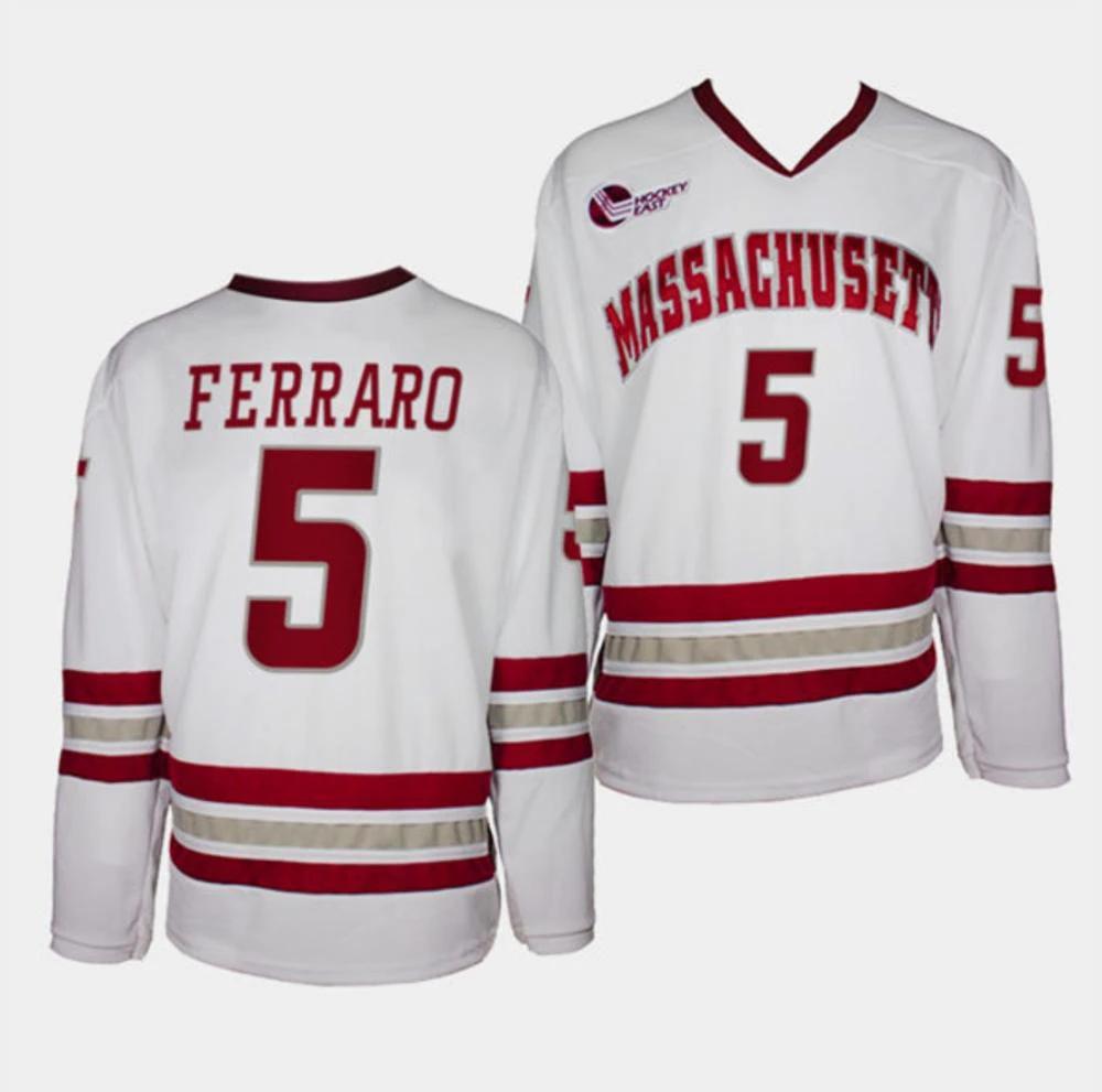 Men's Massachusetts Minutemen #5 Mario Ferraro Hockey All Stitched White Jersey by Hockey David
