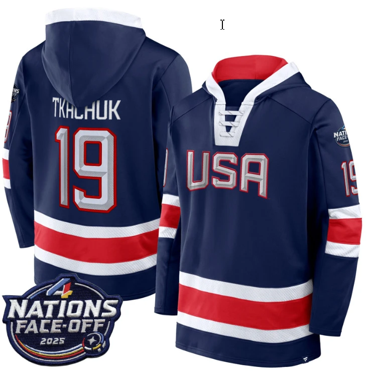 Men's Matthew Tkachuk Hoodie #19 USA 4 Nations Face-Off 2025 Pullover Stitched by Hoodie Pullover