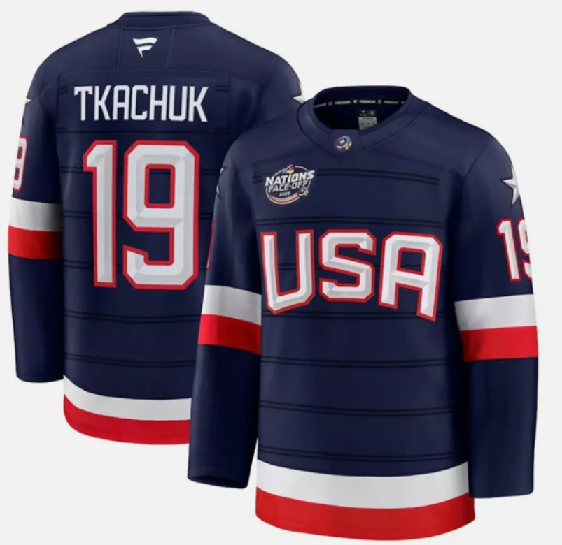 Men's Matthew Tkachuk Jersey #19 USA Navy 2025 4 Nations Face-Off Stitched by Hockey David